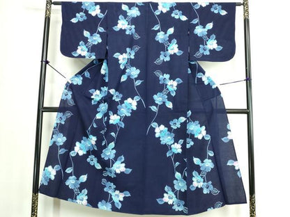 平和屋着物∴夏物　浴衣　注染　手縫い　草花文　綿　逸品　DABJ4071cd
