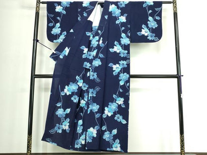 平和屋着物∴夏物　浴衣　注染　手縫い　草花文　綿　逸品　DABJ4071cd