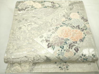 平和屋着物◎六通柄袋帯　唐織　地紙花文　銀糸　正絹　逸品　DABJ4090cd