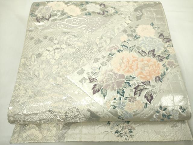 平和屋着物◎六通柄袋帯　唐織　地紙花文　銀糸　正絹　逸品　DABJ4090cd