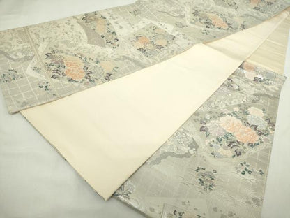 平和屋着物◎六通柄袋帯　唐織　地紙花文　銀糸　正絹　逸品　DABJ4090cd
