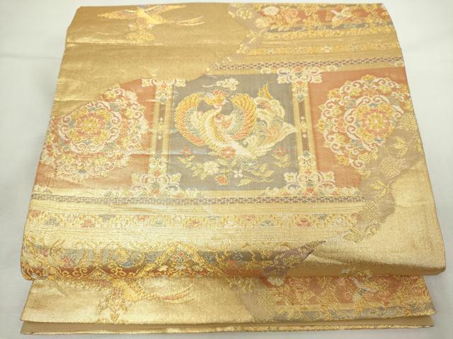 平和屋着物◎六通柄袋帯　横段更紗花鳥文　金糸　正絹　逸品　DABJ4096cd