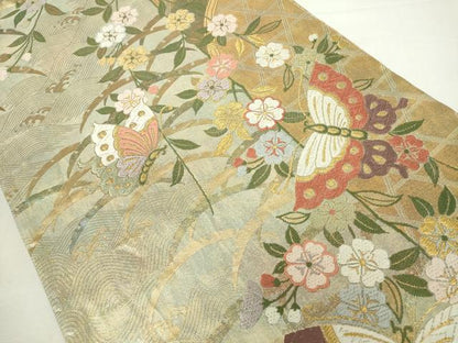 平和屋着物◎両面　全通柄袋帯　唐織　桜華蝶文　慶長重ね　金糸　引箔　正絹　逸品　DABJ4098cd