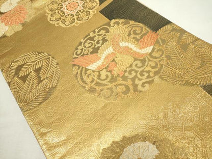 平和屋着物◎六通柄袋帯　鳳凰花丸文　金糸　正絹　逸品　DABJ4101cd