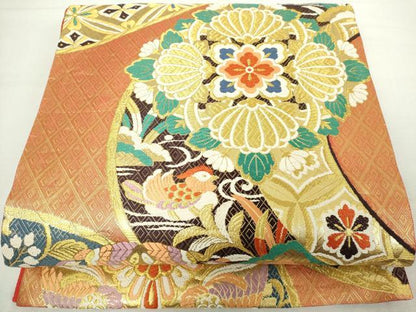 平和屋着物◎六通柄袋帯　唐織　鴛鴦花文　金糸　正絹　逸品　DABJ4103cd