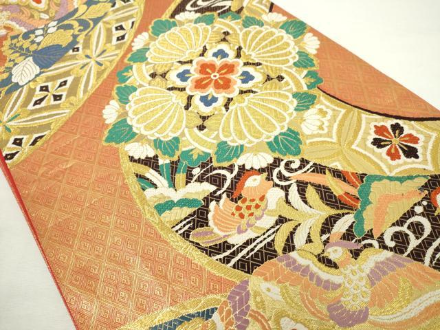 平和屋着物◎六通柄袋帯　唐織　鴛鴦花文　金糸　正絹　逸品　DABJ4103cd