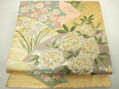 平和屋着物◎六通柄袋帯　扇面花文　枝梅　金銀糸　正絹　逸品　DABJ4109cd