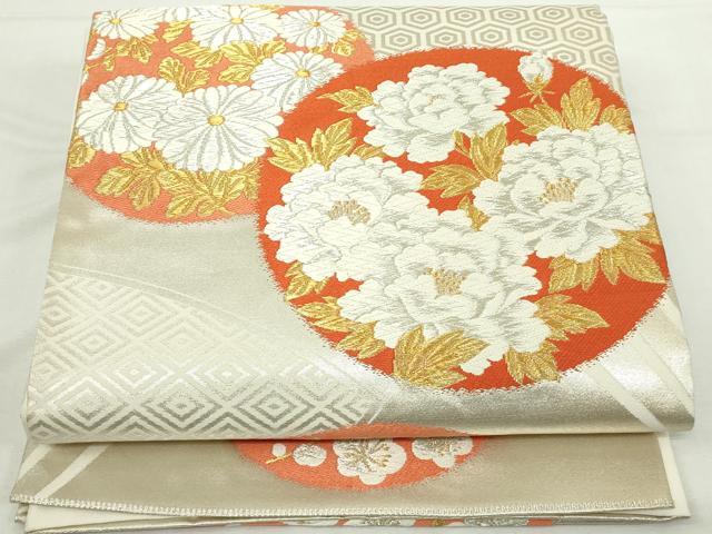 平和屋着物◎六通柄袋帯　唐織　花丸文　枝梅　金銀糸　正絹　逸品　DABJ4117cd