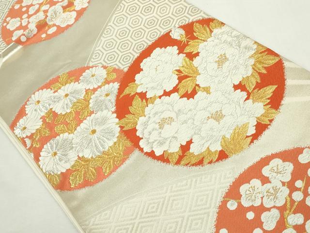 平和屋着物◎六通柄袋帯　唐織　花丸文　枝梅　金銀糸　正絹　逸品　DABJ4117cd