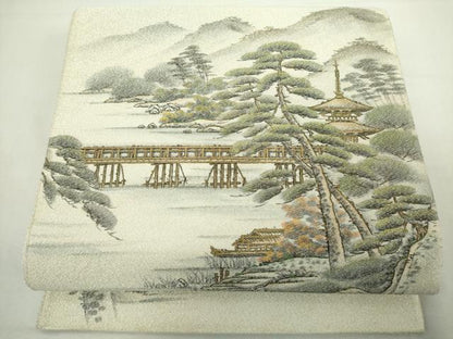 平和屋着物◎綴れ　太鼓柄袋帯　作家物　風景文　金銀糸　正絹　逸品　DABJ4118cd