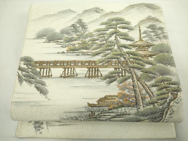 平和屋着物◎綴れ　太鼓柄袋帯　作家物　風景文　金銀糸　正絹　逸品　DABJ4118cd