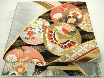 平和屋着物◎六通柄袋帯　唐織　吉祥花蝶丸文　黒地　金銀糸　正絹　逸品　DABJ4129cd