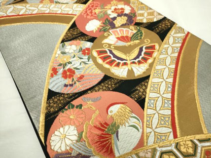 平和屋着物◎六通柄袋帯　唐織　吉祥花蝶丸文　黒地　金銀糸　正絹　逸品　DABJ4129cd