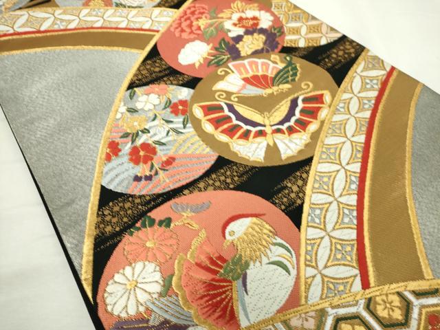 平和屋着物◎六通柄袋帯　唐織　吉祥花蝶丸文　黒地　金銀糸　正絹　逸品　DABJ4129cd