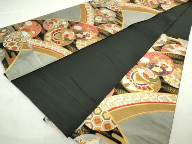 平和屋着物◎六通柄袋帯　唐織　吉祥花蝶丸文　黒地　金銀糸　正絹　逸品　DABJ4129cd