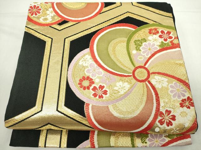 平和屋着物◎六通柄袋帯　唐織　亀甲花文　黒地　金糸　正絹　逸品　DABJ4134cd