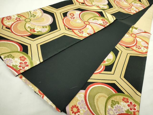 平和屋着物◎六通柄袋帯　唐織　亀甲花文　黒地　金糸　正絹　逸品　DABJ4134cd