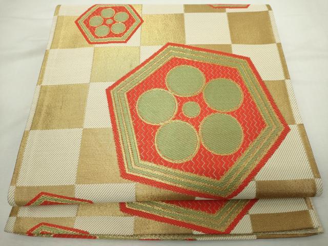 平和屋着物◎六通柄袋帯　唐織　亀甲花文　金糸　正絹　逸品　DABJ4149cd