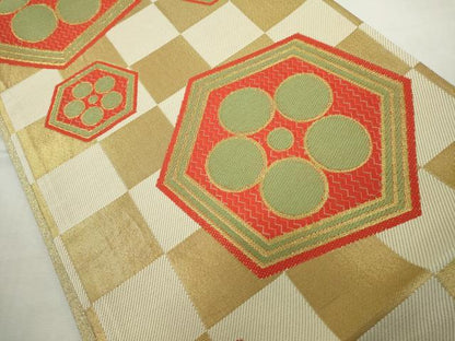 平和屋着物◎六通柄袋帯　唐織　亀甲花文　金糸　正絹　逸品　DABJ4149cd