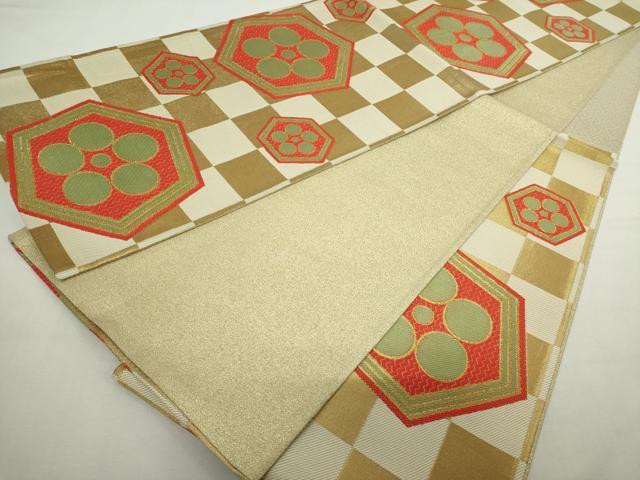 平和屋着物◎六通柄袋帯　唐織　亀甲花文　金糸　正絹　逸品　DABJ4149cd