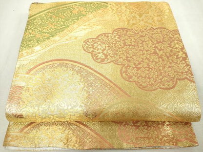 平和屋着物◎両面　六通柄袋帯　雲取り風景文　錦乃　金糸　正絹　逸品　DABJ4163cd