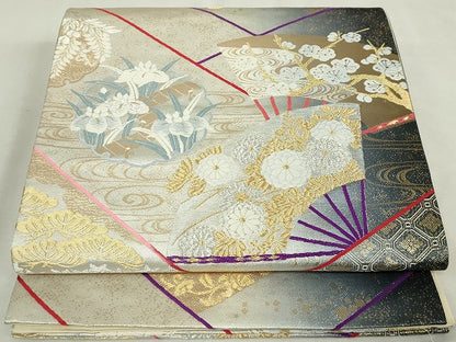 平和屋着物◎六通柄袋帯　唐織　扇面花文　枝梅　金銀糸　正絹　逸品　DABJ4175cd