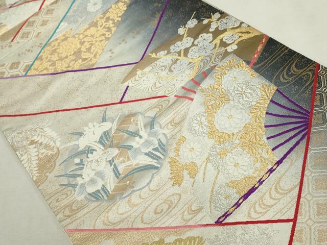 平和屋着物◎六通柄袋帯　唐織　扇面花文　枝梅　金銀糸　正絹　逸品　DABJ4175cd