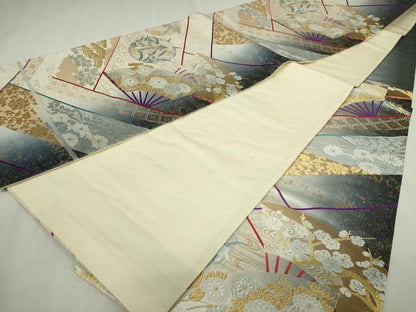 平和屋着物◎六通柄袋帯　唐織　扇面花文　枝梅　金銀糸　正絹　逸品　DABJ4175cd