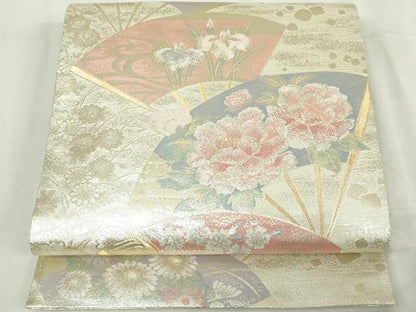 平和屋着物◎佐賀錦　両面　全通柄袋帯　扇面文　慶長重ね全通　金銀糸　正絹　逸品　DABJ4187cd