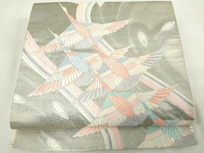 平和屋着物◎六通柄袋帯　唐織　群鶴文　九百錦　プラチナ箔　正絹　逸品　DABJ4200cd