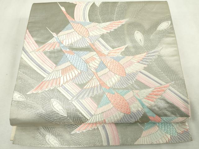 平和屋着物◎六通柄袋帯　唐織　群鶴文　九百錦　プラチナ箔　正絹　逸品　DABJ4200cd