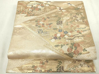 平和屋着物◎六通柄袋帯　唐織　風景花鳥文　松竹梅　金糸　正絹　逸品　DABJ4201cd