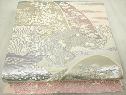 平和屋着物◎六通柄袋帯　重ね山草花文　銀糸　正絹　逸品　DABJ4208cd