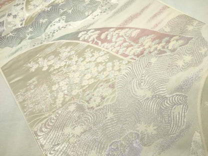 平和屋着物◎六通柄袋帯　重ね山草花文　銀糸　正絹　逸品　DABJ4208cd