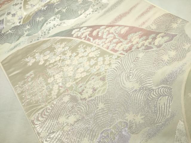 平和屋着物◎六通柄袋帯　重ね山草花文　銀糸　正絹　逸品　DABJ4208cd