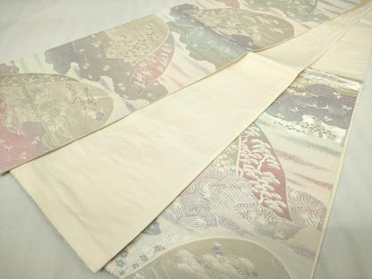 平和屋着物◎六通柄袋帯　重ね山草花文　銀糸　正絹　逸品　DABJ4208cd