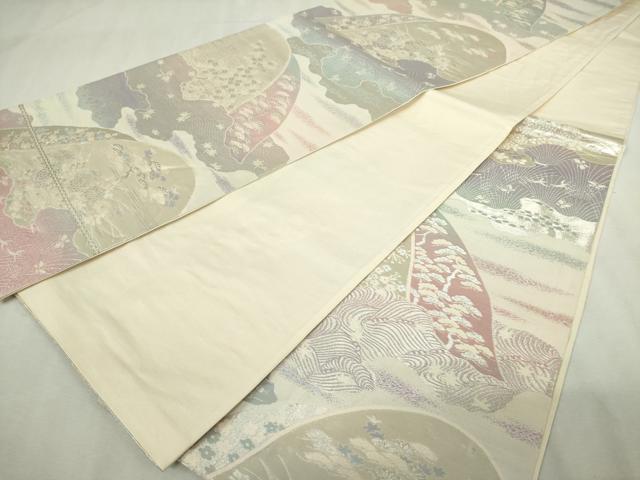 平和屋着物◎六通柄袋帯　重ね山草花文　銀糸　正絹　逸品　DABJ4208cd