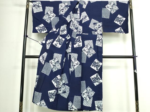 平和屋着物∴夏物　男性　浴衣　注染　手縫い　色紙重ね吉祥花文　トンボ　綿　逸品　DABJ4284cd