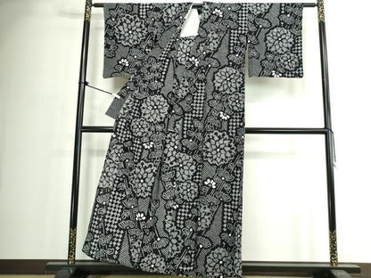 平和屋着物∴夏物　浴衣　有松鳴海絞り　草花文　黒地　綿麻　逸品　DABJ4326cd