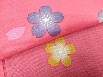平和屋着物∴夏物　綿紅梅　浴衣　舞桜文　綿　逸品　DABJ4334cd