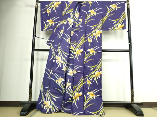 平和屋着物∴夏物　浴衣　注染　草花文　杜若　カキツバタ　タグ付き　逸品　未使用　DABJ4343cd