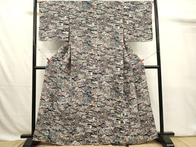 平和屋着物■上質な小紋　型染め　風景文　鬼しぼ縮緬　正絹　逸品　未使用　DABJ4367cd