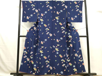 平和屋着物■上質な小紋　藍　型染め　舞花文　鬼しぼ縮緬　正絹　逸品　DABJ4375cd