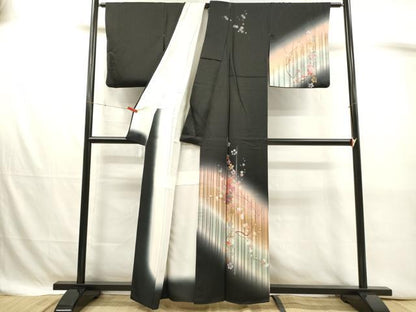 平和屋着物■訪問着　枝梅文　松竹梅　暈し染め　黒地　金銀彩　正絹　逸品　DABJ4391cd