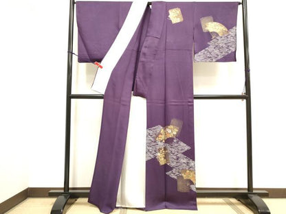 平和屋着物▽訪問着　単衣　刺繍　扇面花文　金彩　正絹　逸品　DABJ4456cd
