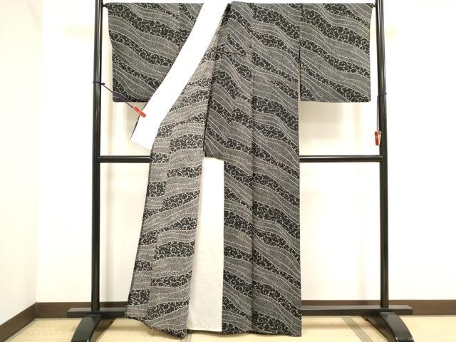 平和屋着物▽上質な小紋　単衣　唐草　黒地　正絹　逸品　DABJ4466cd
