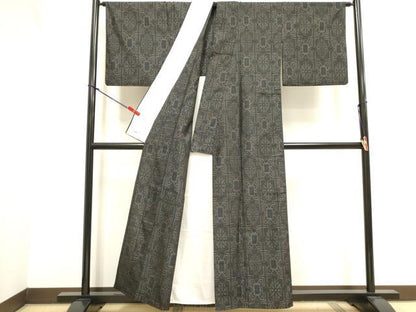 平和屋着物▽本場大島紬　単衣　幾何学花文　やまと誂製　正絹　逸品　DABJ4480cd