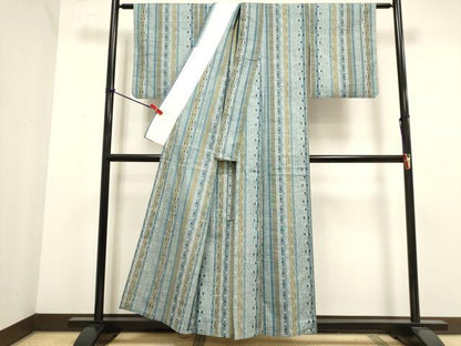平和屋着物▽上質な紬　単衣　麻の葉間道　正絹　逸品　DABJ4482cd
