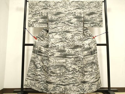 平和屋着物▽訪問着　単衣　作家物　ぜんまい紬　渡橋風景シルエット　ますいわ屋扱い　正絹　逸品　DABJ4494cd