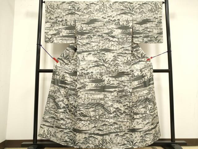 平和屋着物▽訪問着　単衣　作家物　ぜんまい紬　渡橋風景シルエット　ますいわ屋扱い　正絹　逸品　DABJ4494cd